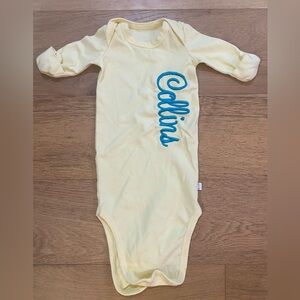 Yellow baby girl personalized “Collins” tie gown size 3m EUC